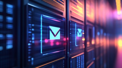 Modern data center showcasing digital email icons on server racks illuminated by colorful lights