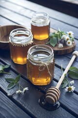 Jars of Honey and Wooden Stick Sweet and Natural Food Illustrations for Creative Designs
