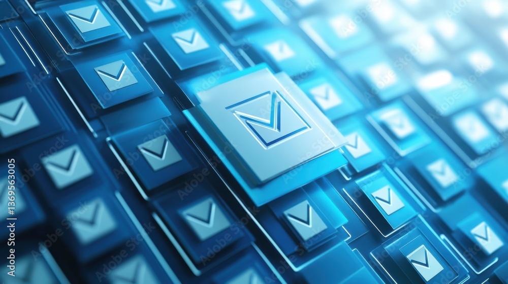 Poster digital interface featuring blue checkmark icons with a highlighted selection in a technology settin