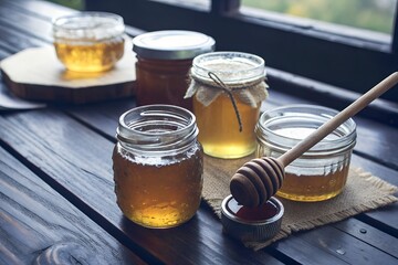 Jars of Honey and Wooden Stick Sweet and Natural Food Illustrations for Creative Designs