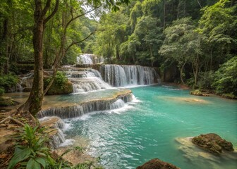Fototapeta premium Serene turquoise waterfalls cascading through a lush emerald jungle paradise, bathed in soft sunlight.