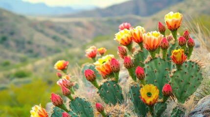 Colorful blooming cacti flourish in the desert landscape of the Southwest during the spring season