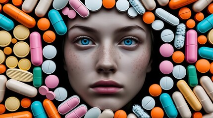 Portrait of a young person surrounded by colorful pills, symbolizing pharmaceutical dependency, mental health, addiction, medication, drug use, healthcare, and medical treatment

