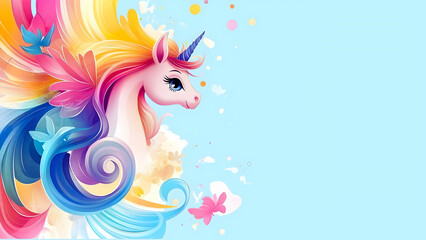 A colorful unicorn with flowing mane, surrounded by butterflies and a bright background.
