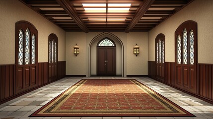 Grand hall entryway, sunlight,  wood paneling, carpet, Gothic design, home interior design