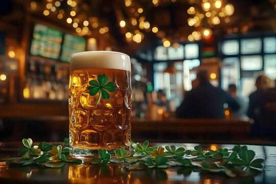 Glass of beer with shamrocks celebrating saint patrick's day in a traditional irish pub