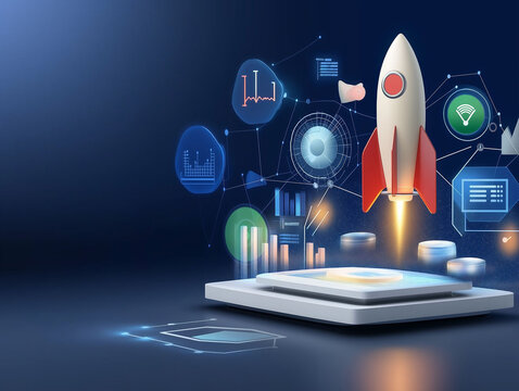 Martech marketing strategy. CRM  management. Automation insight. Digital marketing concept with rocket launching imagery.