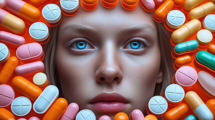 Portrait of a young person surrounded by colorful pills, symbolizing pharmaceutical dependency, mental health, addiction, medication, drug use, healthcare, and medical treatment

