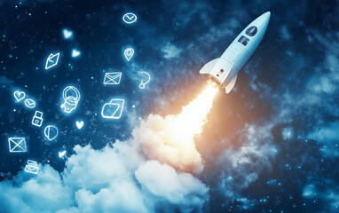 Martech marketing strategy. CRM  management. Automation insight. Rocket launching through clouds with a social media theme.