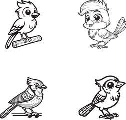 Cartoon Songbird Character Set – Cute Forest Bird Outlines and Perched Bird Illustrations for Kids and Coloring Pages