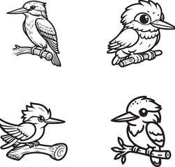 Cartoon Kingfisher and Kookaburra Set – Cute Perching Bird Outlines and Flying Bird Illustrations for Coloring Pages and Kids

