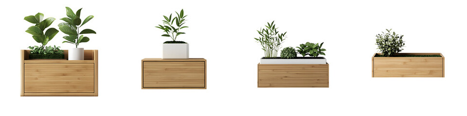 Collection of various indoor plants displayed in clean minimalist wooden boxes for home or office decor