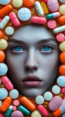 Portrait of a young person surrounded by colorful pills, symbolizing pharmaceutical dependency, mental health, addiction, medication, drug use, healthcare, and medical treatment

