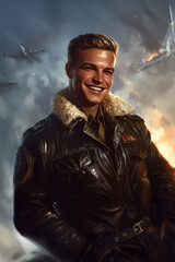 Fototapeta premium Młody pilot w lotniczej kurtce uśmiechem patrzy w dal Dynamiczna ilustracja o tematyce wojskowej i lotniczej.