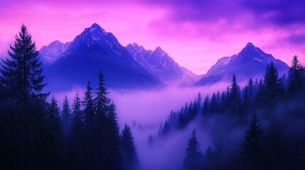 Obraz premium Majestic Mountains at Dawn Purple Sky Misty Forest Scenic Landscape View