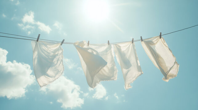 Captivating visual of white cotton cloths on a clothesline, floating softly in wind, full sun illuminating folds and frays