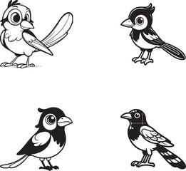 Cartoon Magpie and Long-Tailed Bird Set – Cute Forest Bird Outlines and Character Illustrations for Kids and Coloring Pages

