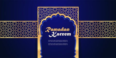 Traditional arabic design. Ramadan Kareem concept banner with gold frame. Horizontal blue banner template. Vector illustration.