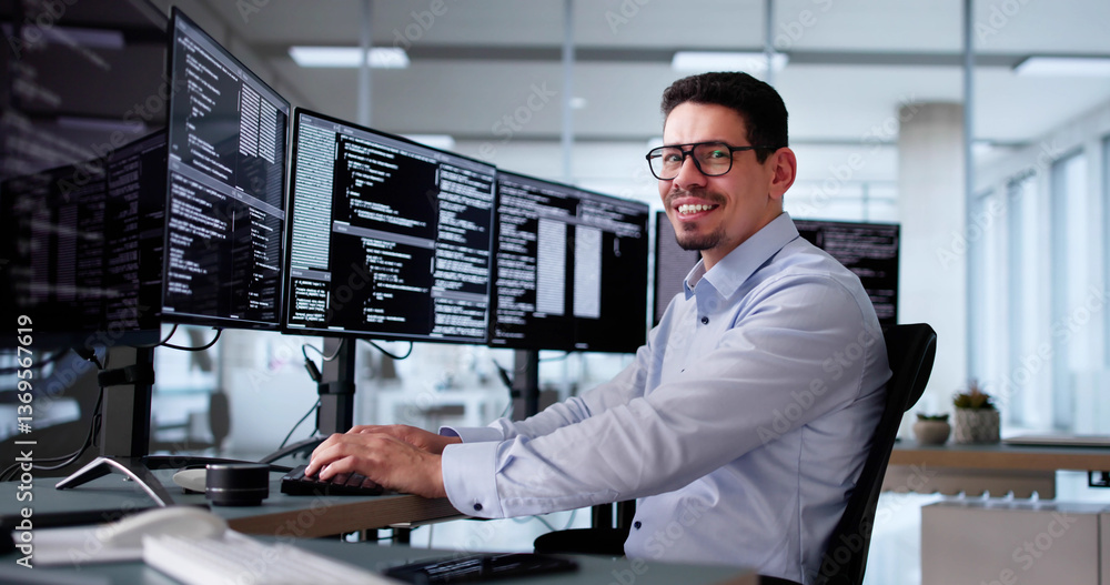 Poster Man Programmer. Man Coding