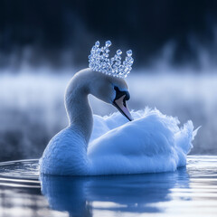  swan wearing a delicate crystal crown, floating through the icy mist of a lake