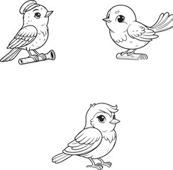 Cute Cartoon Songbirds on Branch Silhouette Set – Adorable Line Art Birds for Coloring Pages and Kids Illustration

