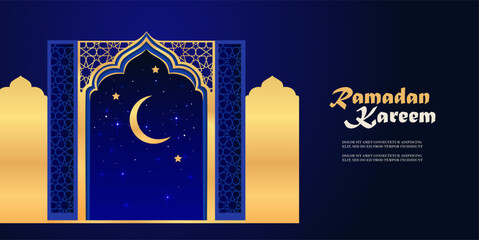 Traditional arabic design. Ramadan Kareem concept banner with gold frame. Horizontal holiday banner template. Vector illustration.