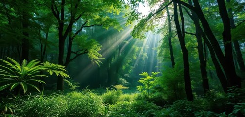 Fototapeta premium Misty green forest, sunlight filtering through dense canopy, calm, outdoor