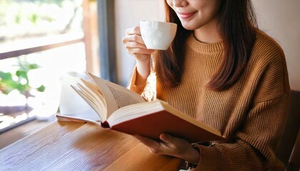 カフェでコーヒーを飲みながら本を読む女性