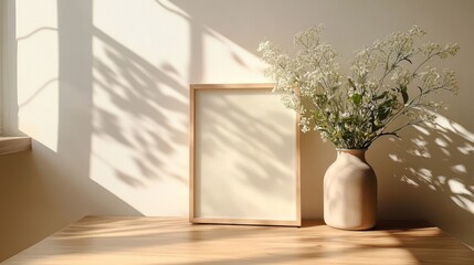 A simple wooden table with small vases and flowers placed on top, potted plants in the background, and a square frame next to it, creating a peaceful atmosphere under soft natural light.