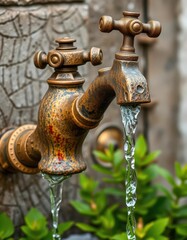 Rustic garden faucet with weathered metal and flowing water, leaves, installation, vintage