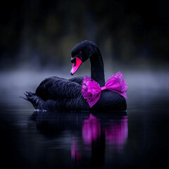 black swan with a pink bow, gliding across a misty lake.