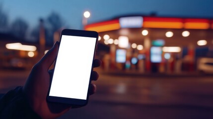 Smartphone held in hand at dusk near a gas station with bright lights in the background
