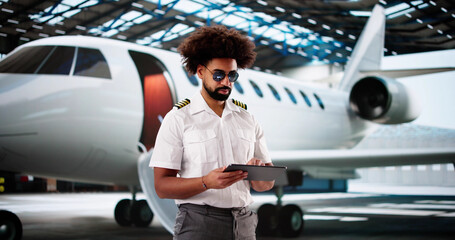 Cheerful African-American pilot using tablet