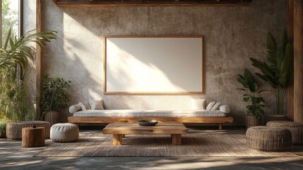 Serene living room features minimalist furniture and indoor plants