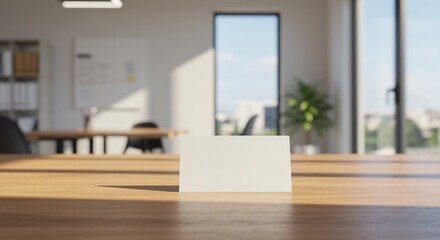Fototapeta premium Blank card rests on light wood table bathed in soft sunlight near large window.. AI Generated