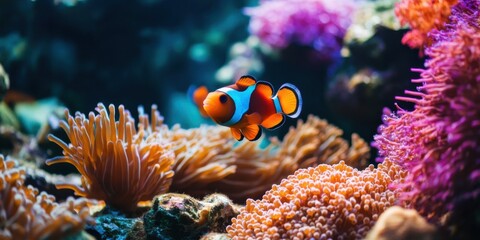Clownfish swimming among vibrant coral reefs in a serene underwater environment during daylight hours