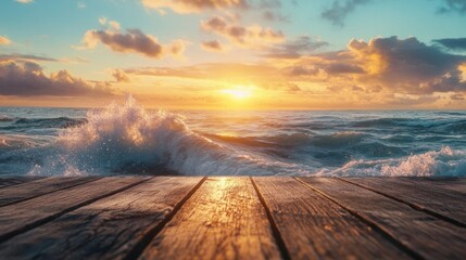 Obraz premium Majestic sunset over ocean waves with wooden pier during golden hour