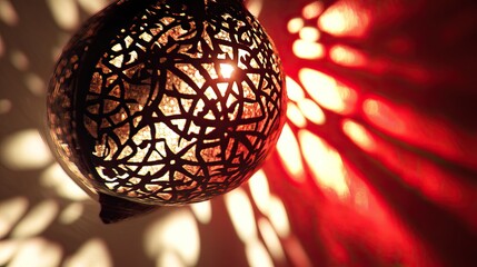 Obraz premium Intricate Moroccan lamp casts shadows, warm light, red background
