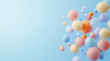 Colorful balloons gently floating against a light blue background in a festive atmosphere for celebrations and events