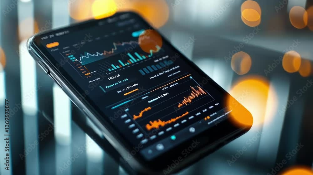Poster tablet displaying complex financial charts and real time stock market data creates a dynamic visuali
