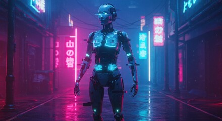 Naklejka premium Cyberpunk humanoid robot walking through neon streets