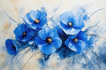 Vibrant Azure Blooms: A captivating painting showcases a cluster of striking blue flowers, their delicate petals unfurling gracefully against a soft, textured backdrop.