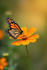 Fototapeta premium A Monarch butterfly delicately perched on a vibrant orange cosmos flower, blossom, close-up, fauna