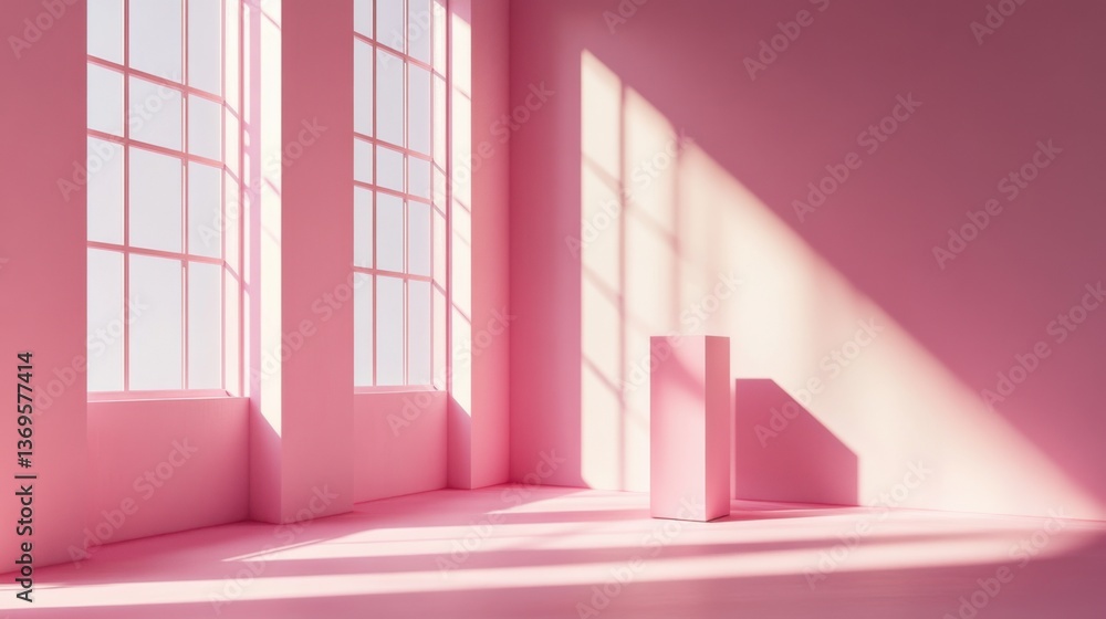 Poster bright pink interior space features large windows and a minimalist design with soft shadows creating