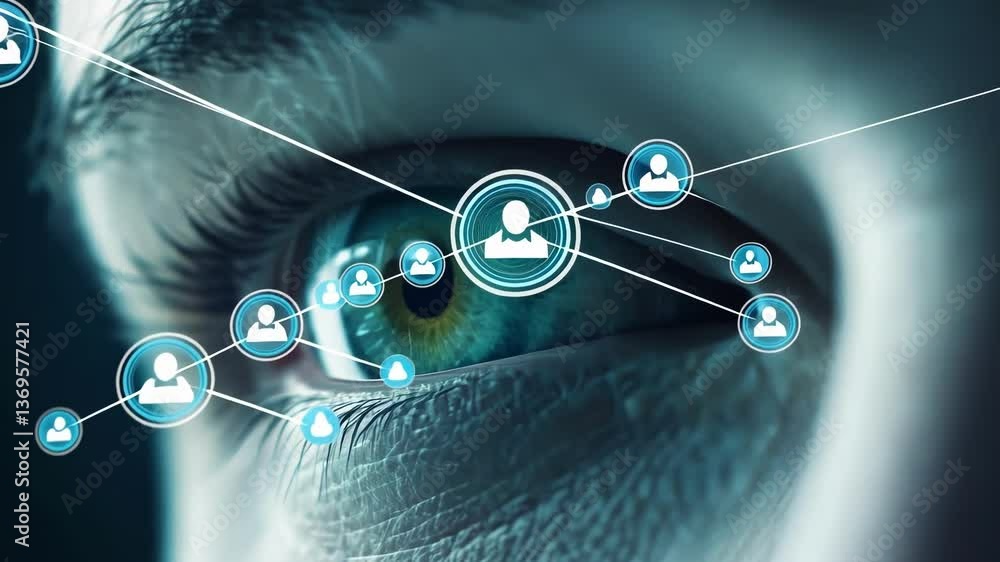Poster close up of a human eye with glowing digital circuit and network connection, representing cybersecur