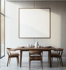 Modern dining area with wooden table and chairs in a bright, minimalist environment featuring a large blank canvas