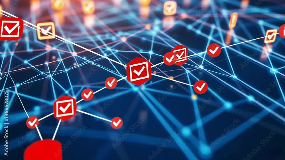 Poster glowing lines are connecting check mark symbols in a futuristic cyber security system, ensuring secu