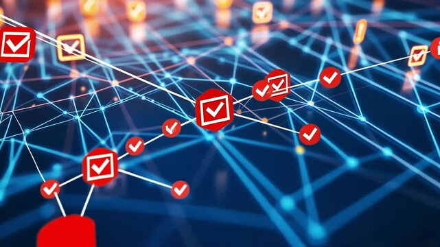 Glowing lines are connecting check mark symbols in a futuristic cyber security system, ensuring secure data transmission and protection against threats