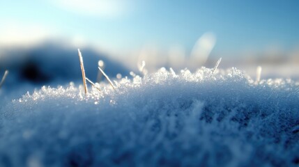 Close-up view of frosty snow-covered ground.  Sunlight highlights delicate frost crystals and blades of grass beneath