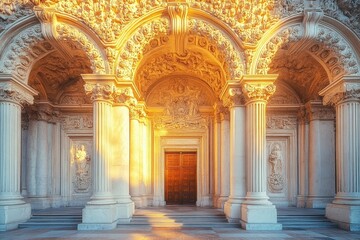 Obraz premium Hyper-detailed architectural view showcasing the grandeur of historic arches and intricate columns in a timeless structure